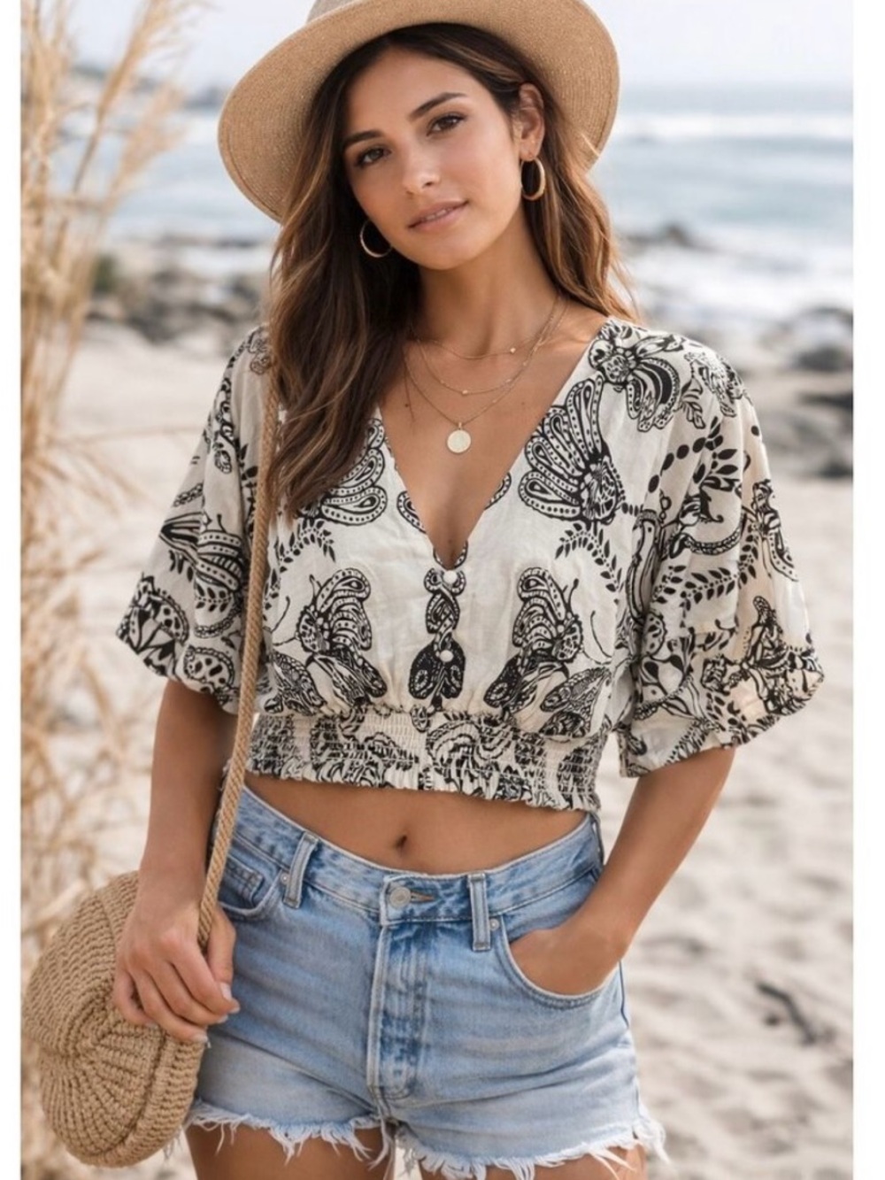 Milk & Honey Boho Black & Cream V-Neck Crop Top XL